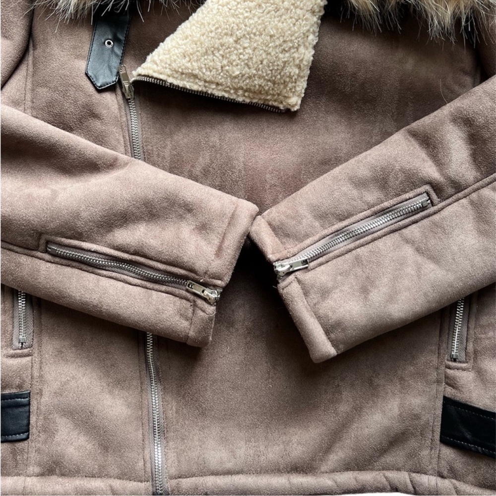 JCL moto faux suede bomber jacket tan light brown teddy sherpa size M - Picture 10 of 15